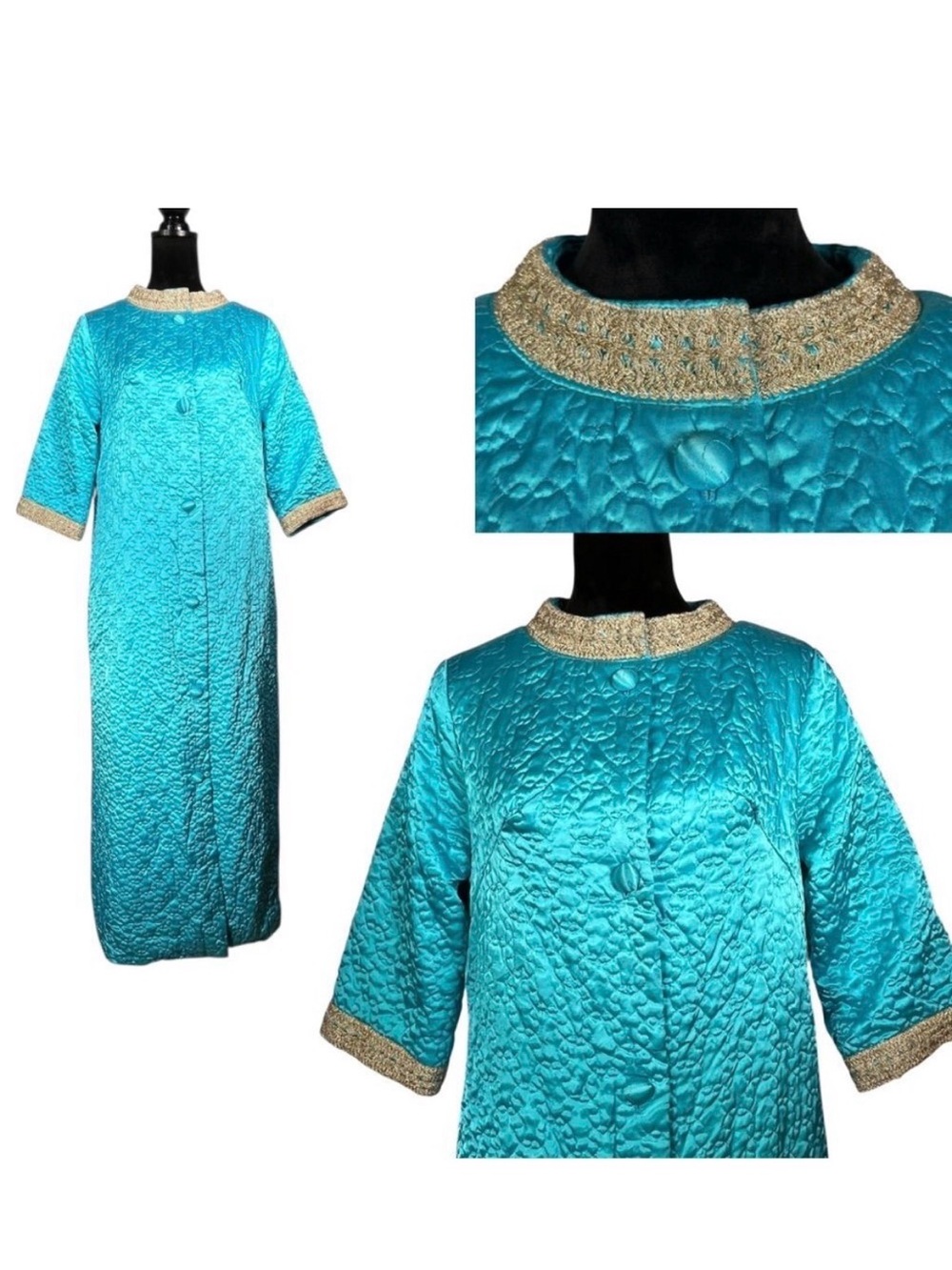 Vintage Lisanne Blue Gold Long Robe Metallic Quilted Full Housecoat Bathrobe